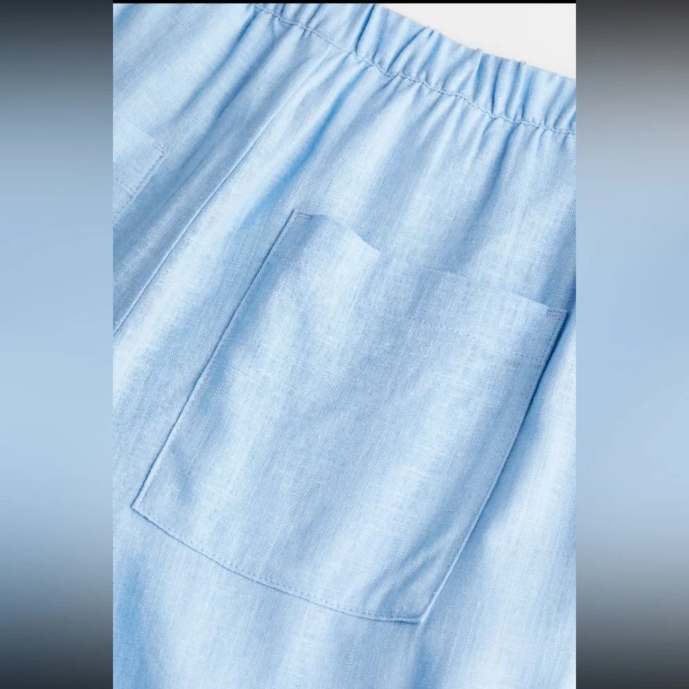 H&M Women’s Low Rise Light Blue Elastic Linen Pull On Pants Size Large